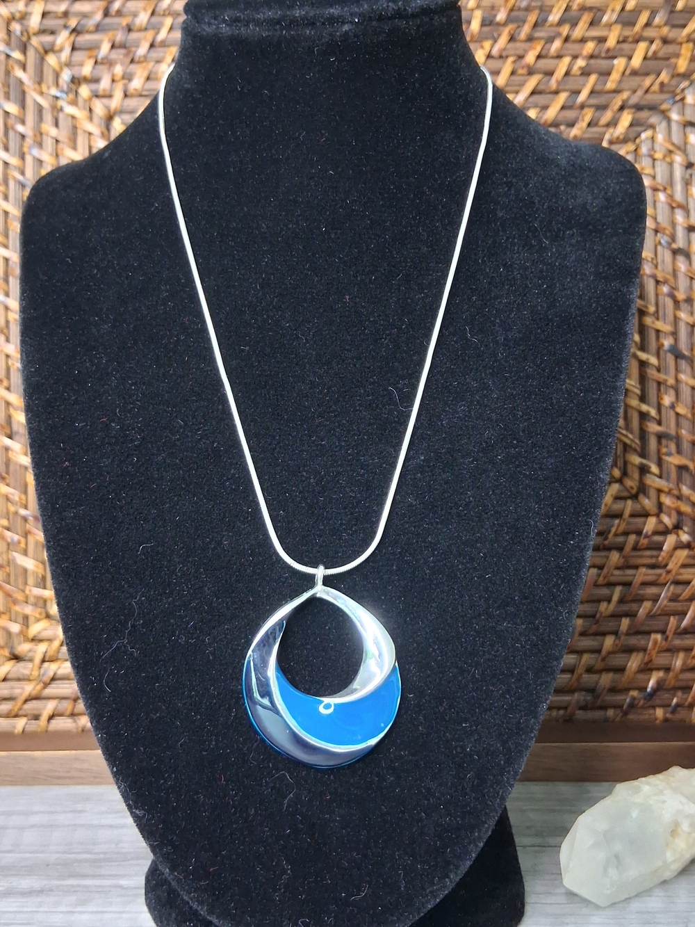 Silver-Tone Necklace with Blue Enamel Wave Pendant